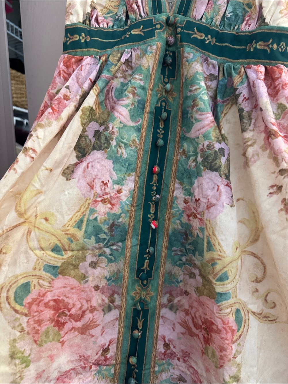 Half Heart NWOT Floral Satin Slip Dress with Green Trim - Picture 3 of 6